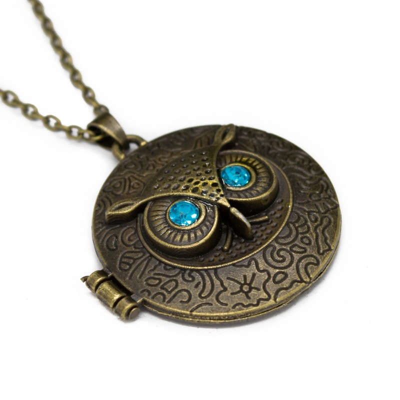 Women’s fashion long necklace with bronze owl locket